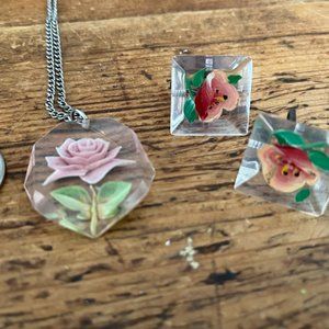 hand painted flowers screw earrings and necklace